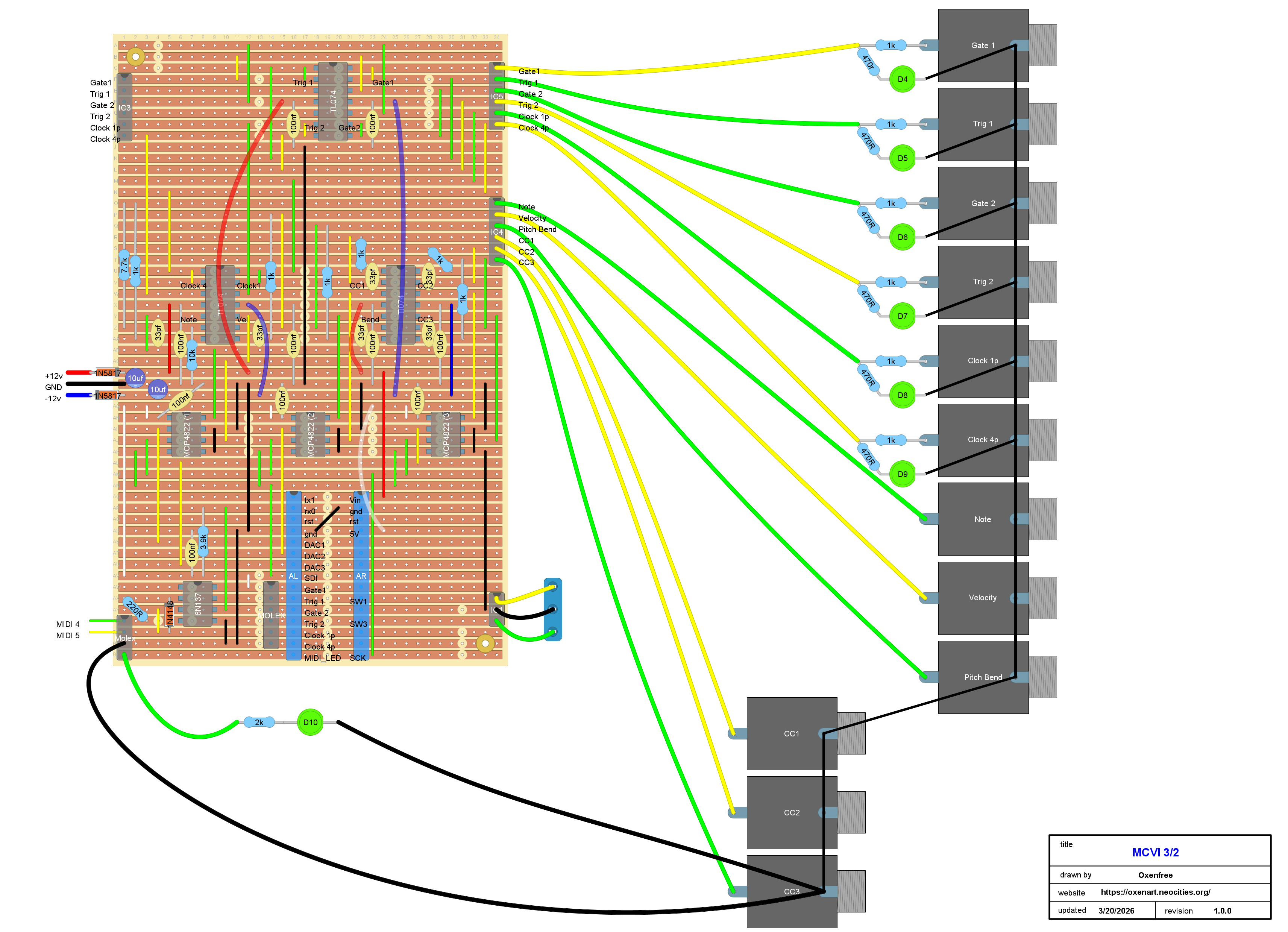 A stripboard layout for a MIDI to CV module